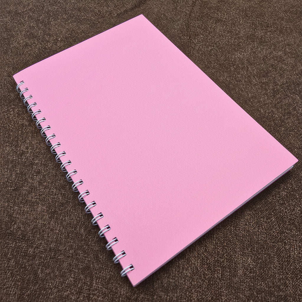 Pink notebook on a brown textured background