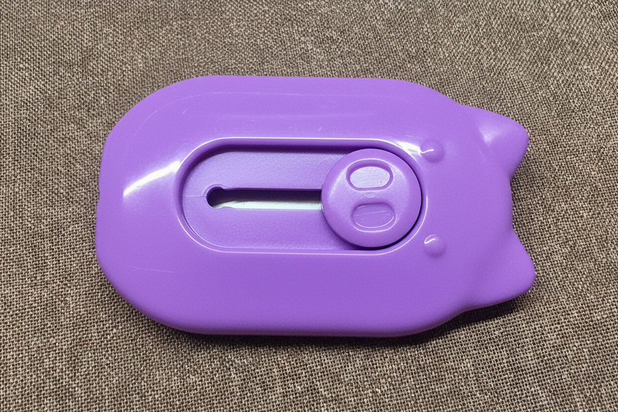 Purple plastic tool with a circular component on a textured brown surface