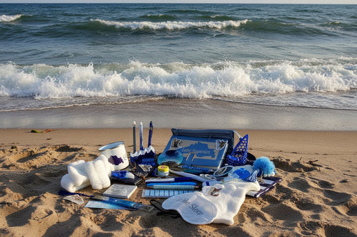 Collection of travel items including a sleep mask, pens, and other small objects on a brown surface.