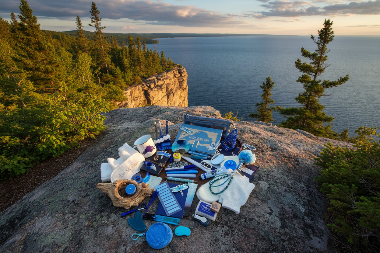 Collection of blue-themed items on a brown surface that overlooks a large lake