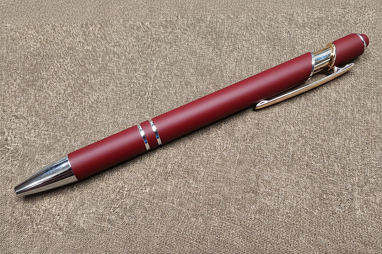 Red pen with silver accents on a textured surface