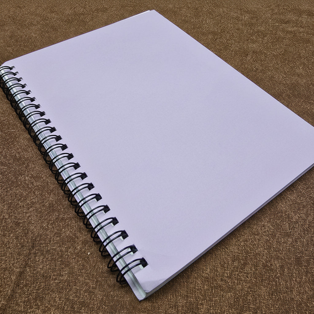 Purple spiral-bound notebook with white pages on a brown textured surface