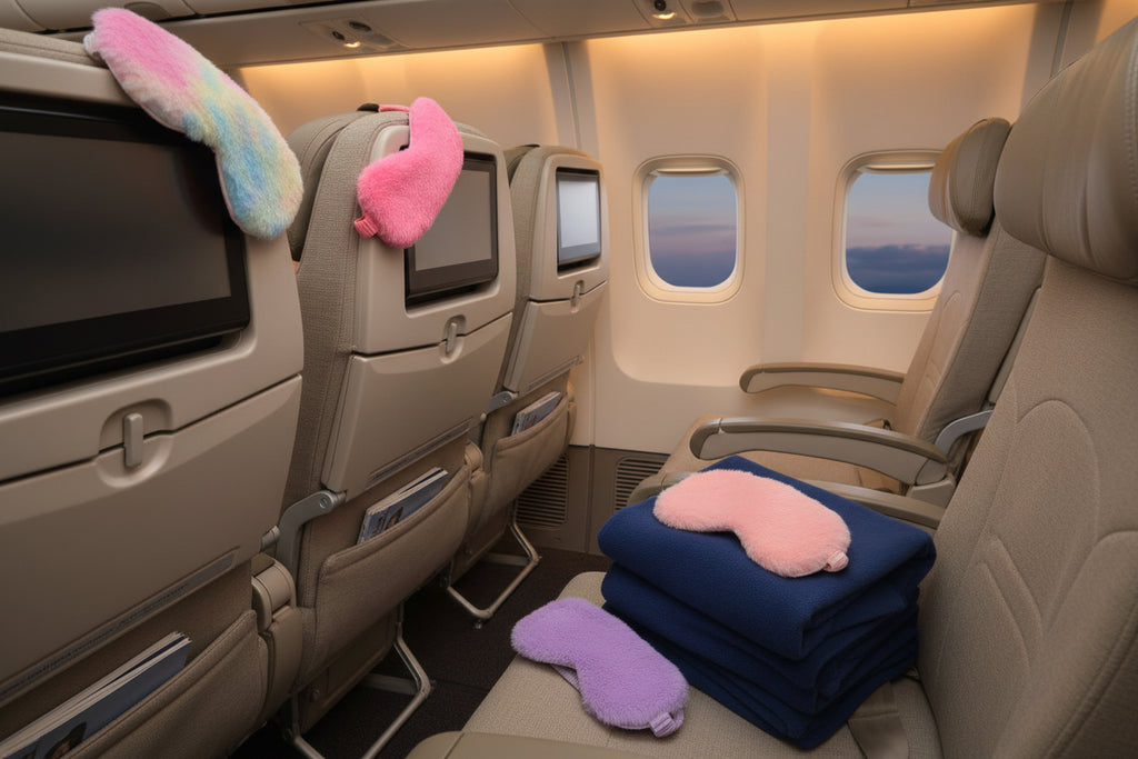 plush eye mask on airplane seats