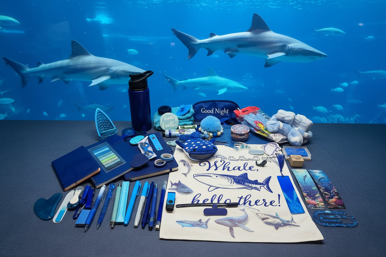 Collection of stationery items and small products on a table with a 'Whale hello there!' poster.
