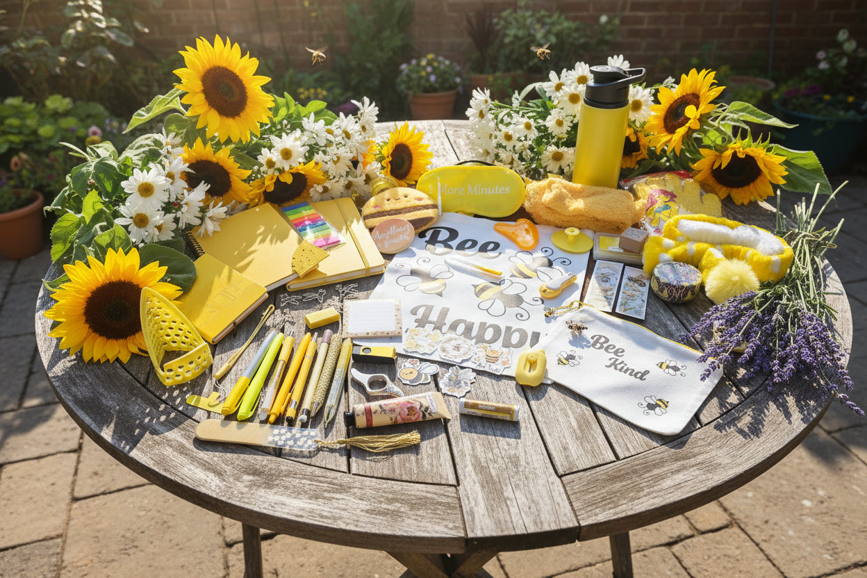 yellow bee themed bookish bundle on a wooden table with flowers and bees
