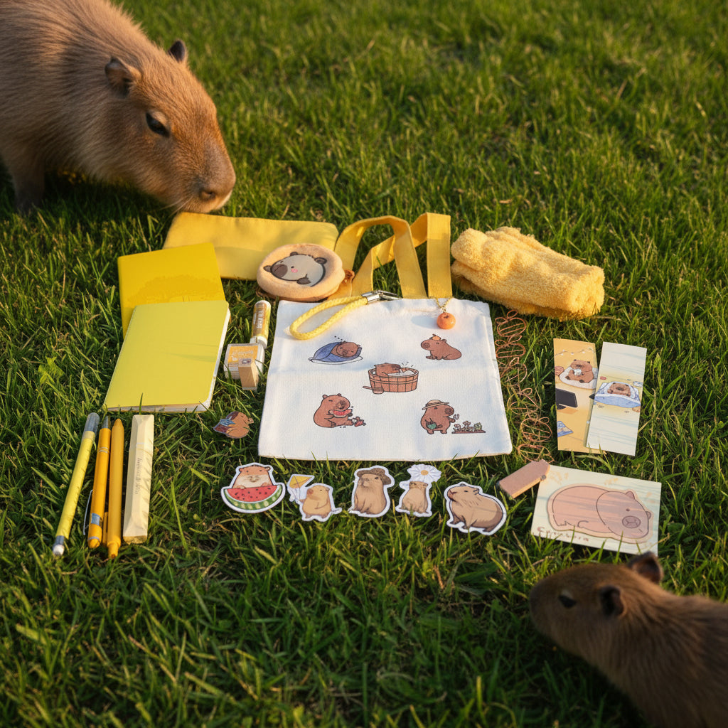 Collection of stationery items including yellow paper, pens, and stickers on  grass and capybaras.