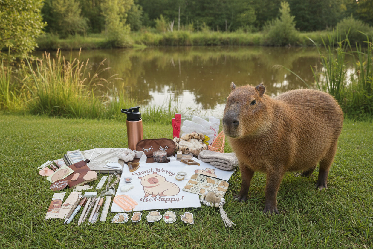 Desk with stationery items, a sign reading 'Don't Worry Be Cappy!', and various small objects.