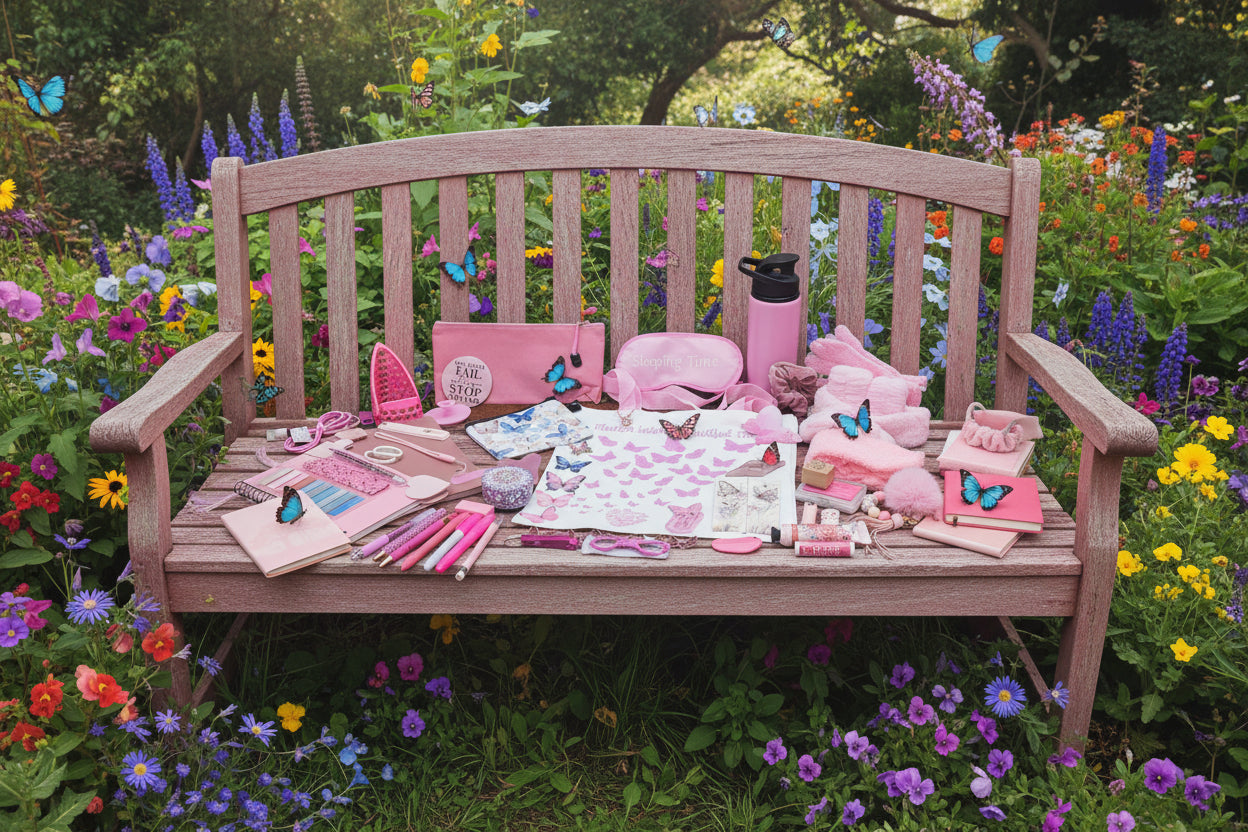 Collection of pink stationery and accessories on a brown surface