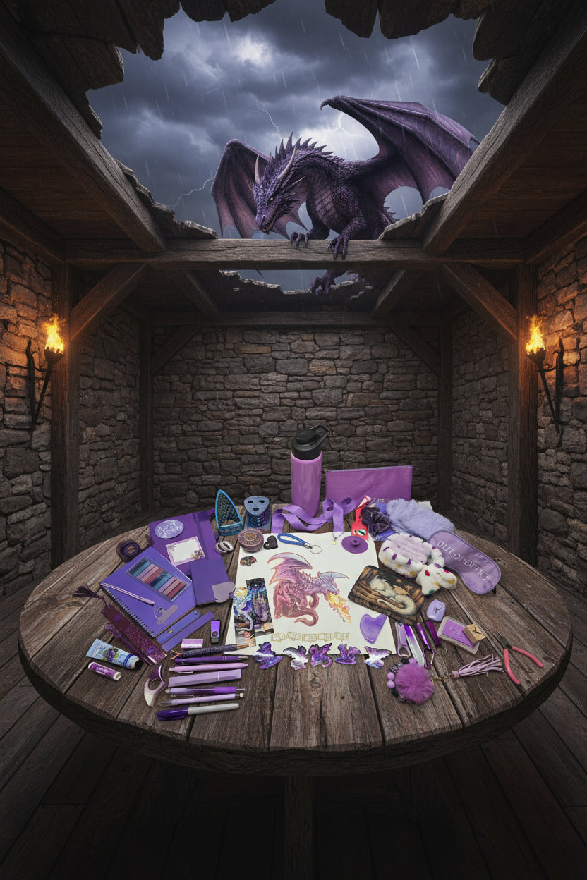 Collection of purple stationery and decorative items on a brown surface