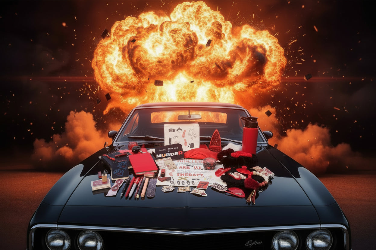 Collection of items including a book titled 'Thrillers Are My Therapy' on a black car with an explosion in the background.
