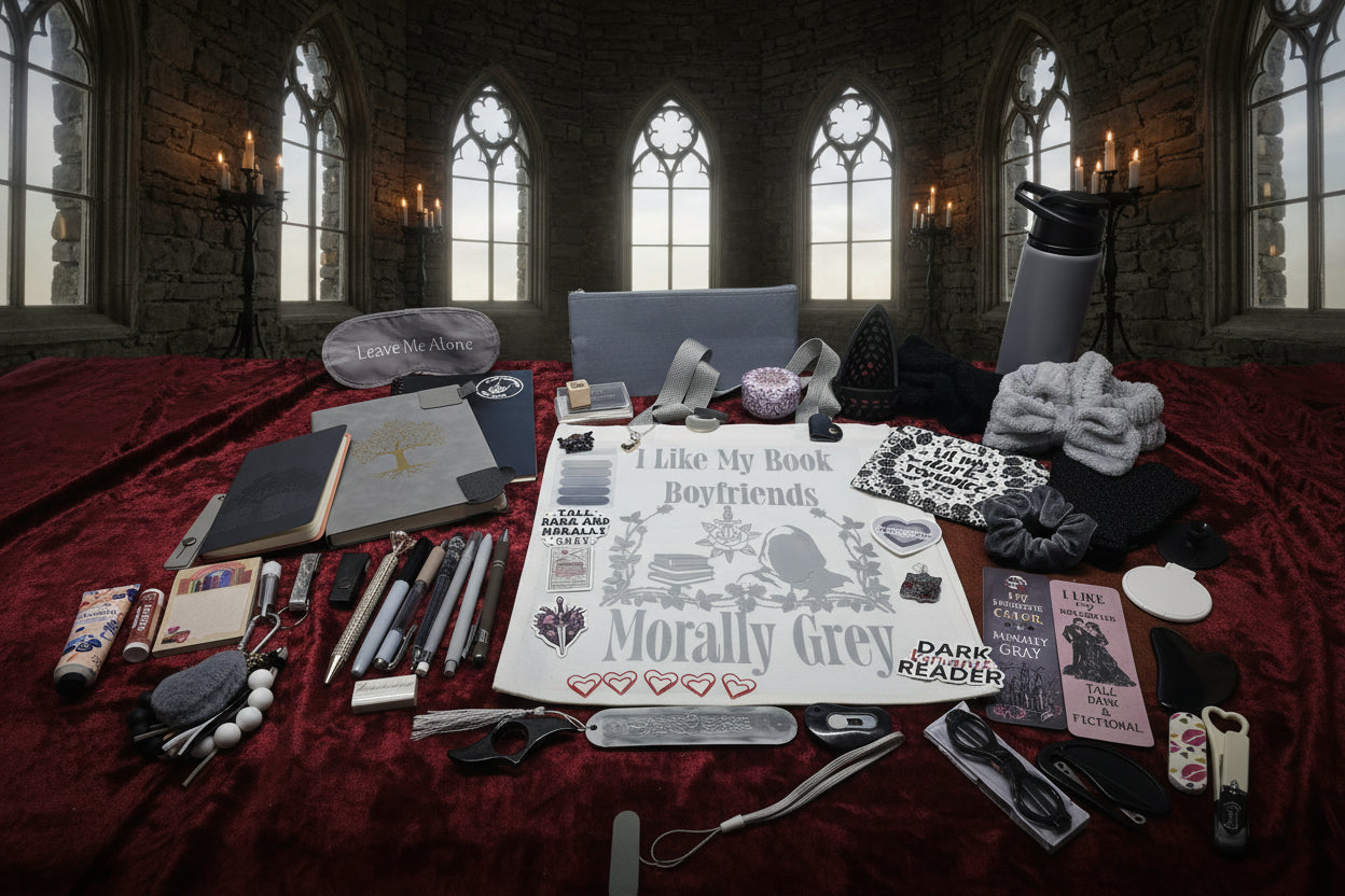 Collection of items including a book titled 'Morally Grey' on a wooden surface.