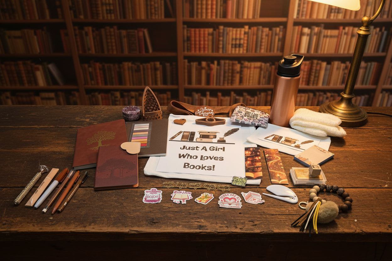 Collection of stationery items including notebooks, pens, and decorative objects on a brown surface.