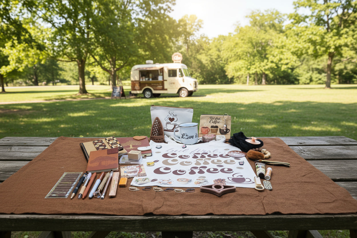 coffee bundle on picnic table in front of a coffee truck