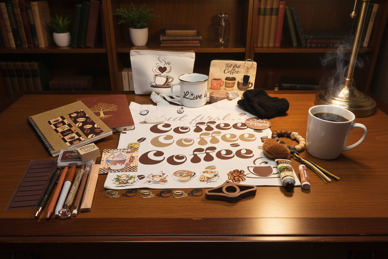 A coffee bundle in a study with hot coffee next to it