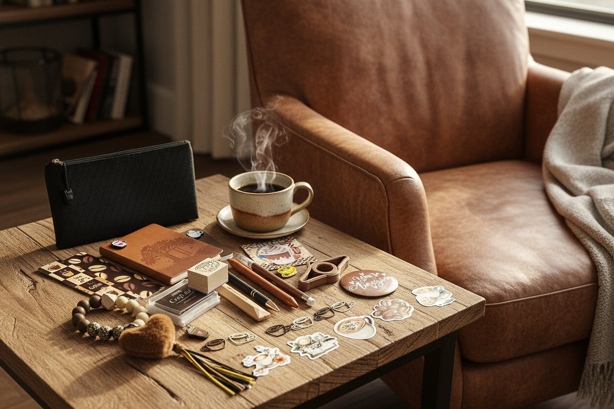 coffee bundle next to a leather chair with a cup of coffee next to it