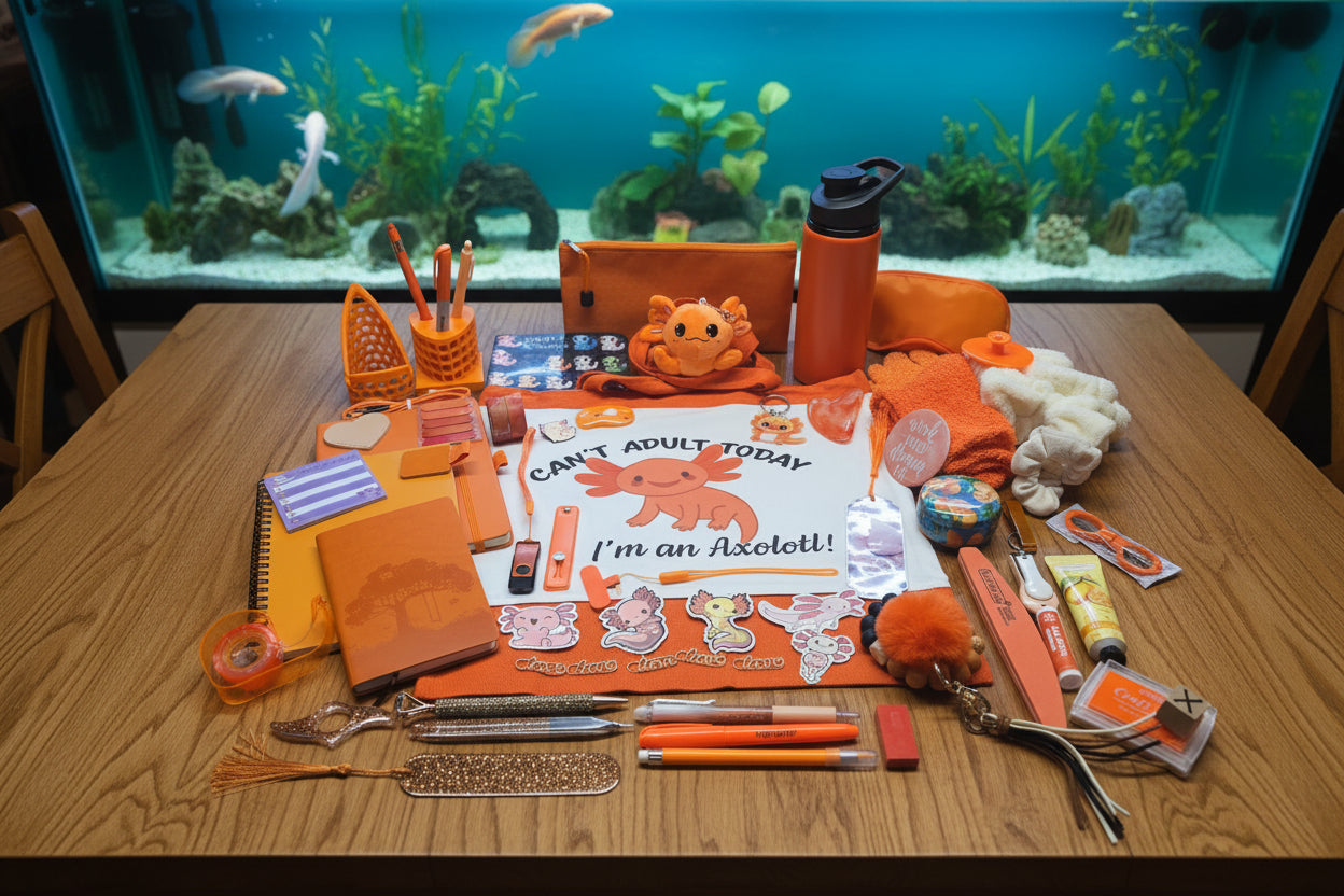 orange axolotl bundle on dining table in front of aquarium