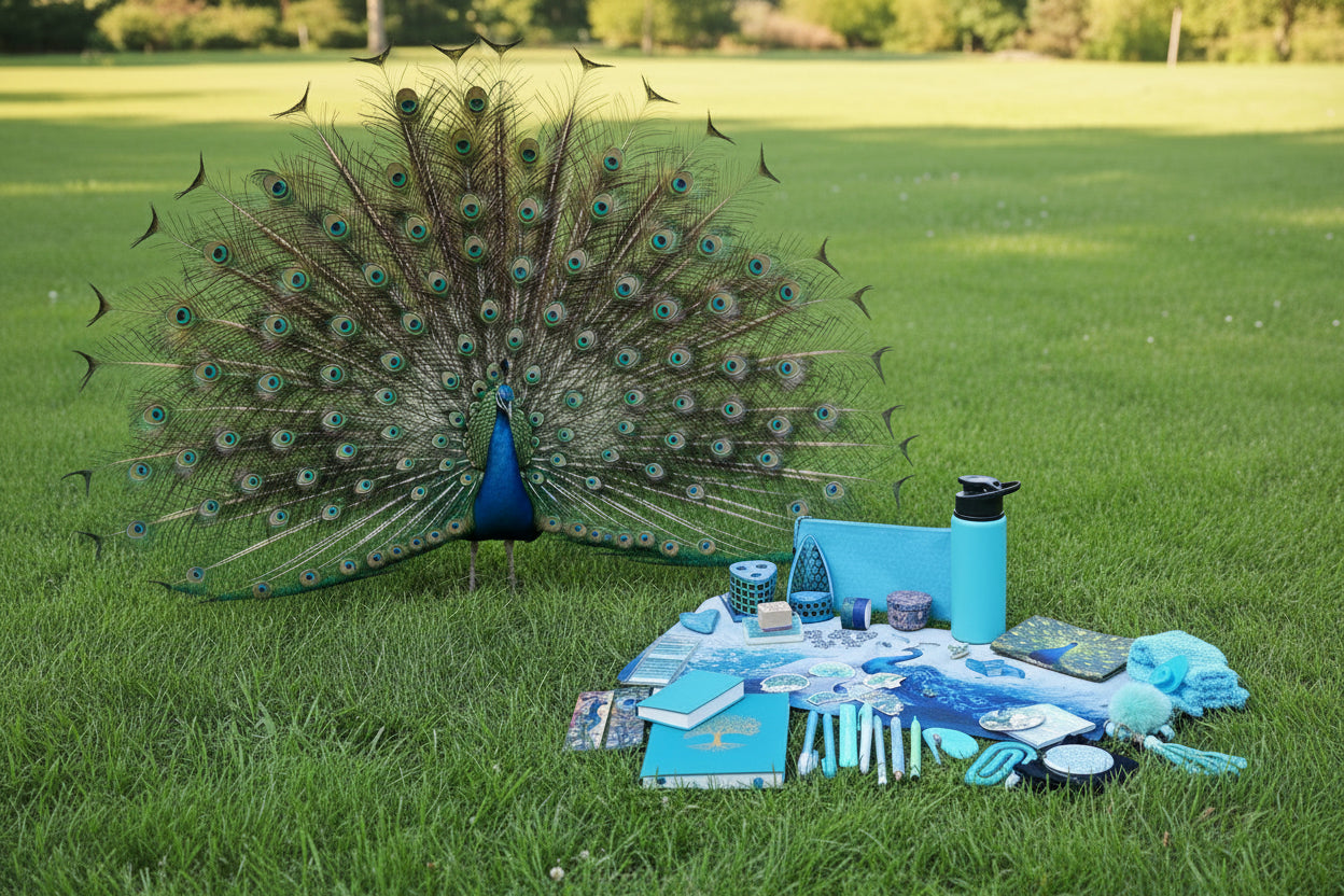 peacock in a park behind a peacock teal bundle