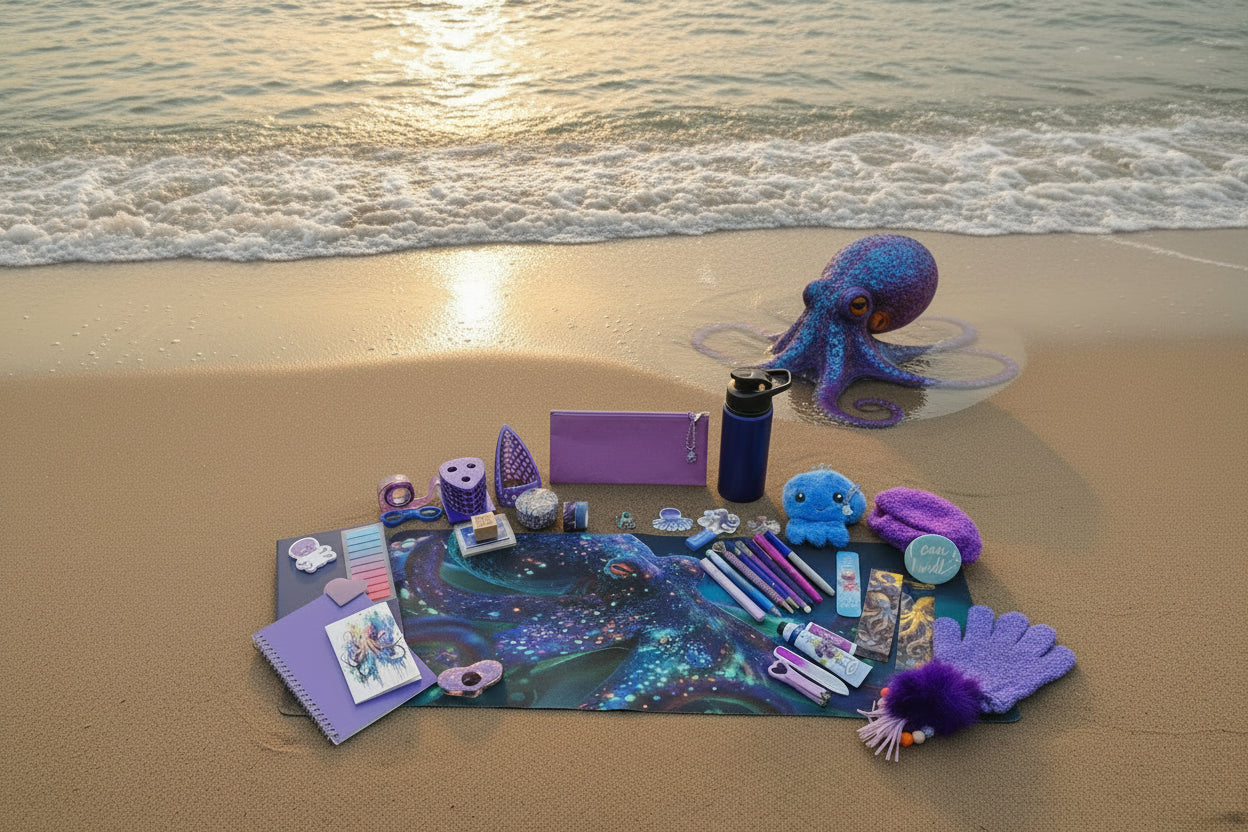 A blue and purple octopus bundle on a beach with a octopus looking at it.