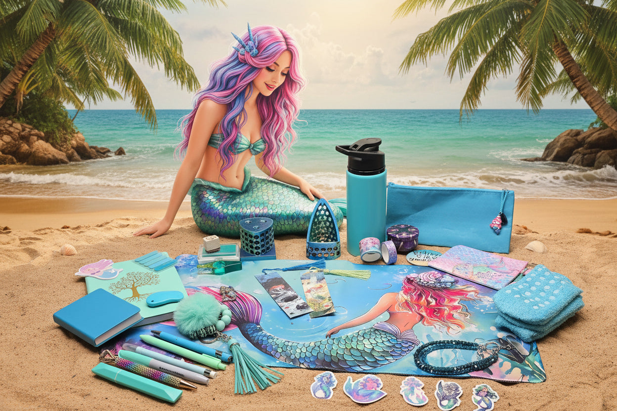 A mermaid-themed stationery and accessory set arranged on a brown blanket, featuring a large mermaid print mat, blue notebook, pens, stickers, keychain, pouch, water bottle, and other matching accessories.