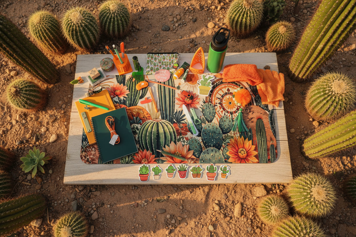 A styled flat-lay of various desk accessories and stationery items arranged on a desk mat with a colorful cactus and floral print. The items include a green water bottle, orange cloth towels, a black notebook, pens, sticky notes, and small potted cactus stickers.