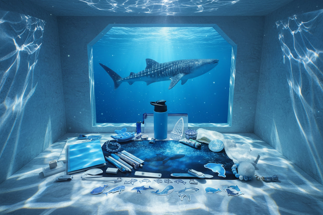 A themed gift set arranged on a white table against a white wall, featuring an ocean-shark print placemat, blue notebook, pens, shark cutouts, blue beaded accessories, a blue water bottle, and other small blue-themed items.