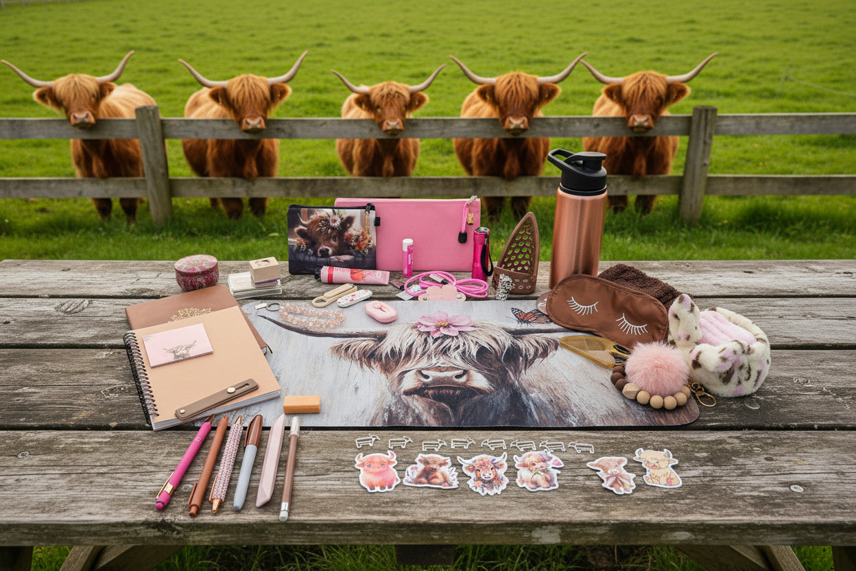 A styled flat-lay collection of cute, pink-themed stationery and accessories, featuring a large central mousepad with a highland cow illustration, a pink notebook, pens, stickers, a pink pencil case, and a copper water bottle on a white desk.