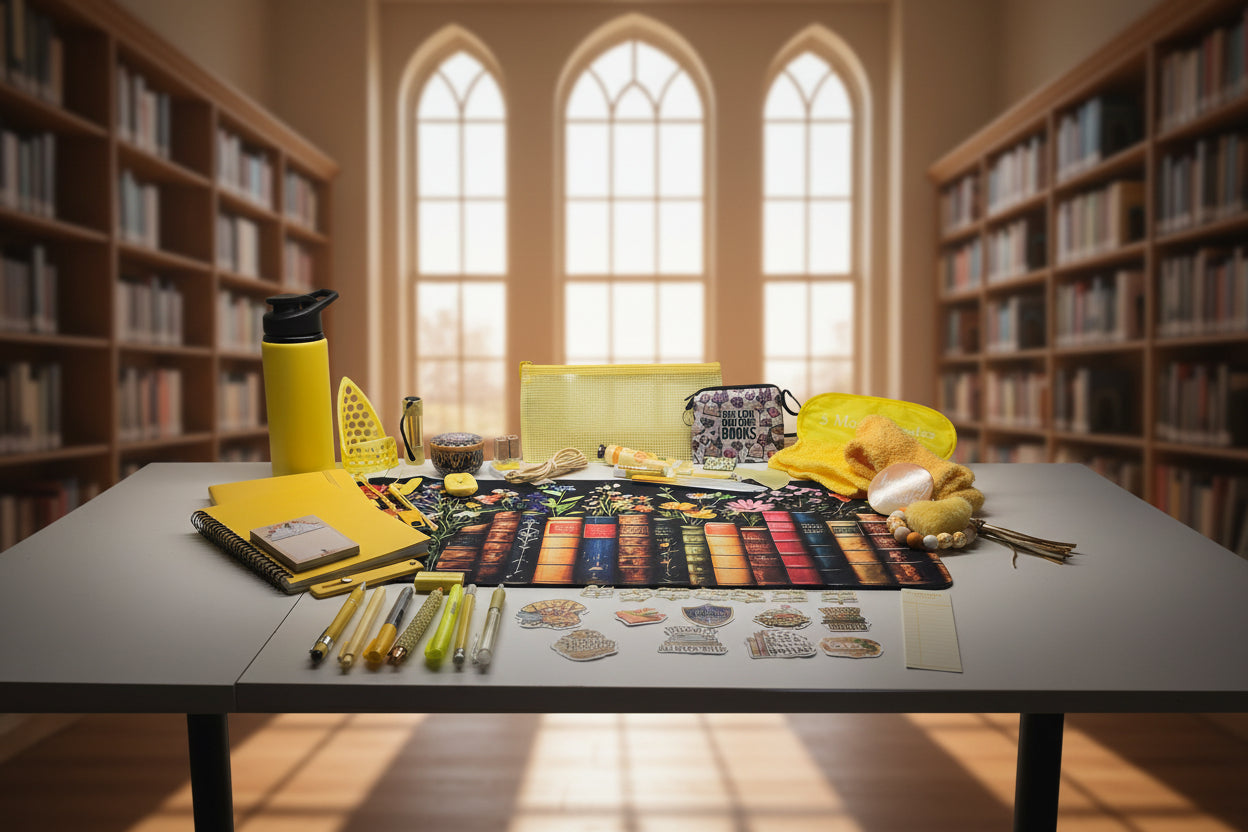 A desk-style arrangement of stationery and small accessories on a white tabletop, including a yellow notebook, yellow water bottle, pens, a floral-and-book-patterned mat or tray, a yellow pouch, a small plush toy, and several decorative stickers.