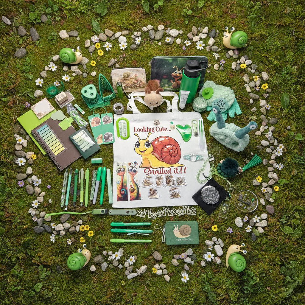 A styled flat-lay display of various green-themed items on a white table, including a central canvas tote bag with a cartoon snail graphic, pens, notebooks, jewelry, a green water bottle, and other small accessories.