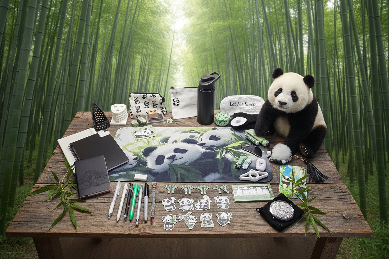 A collection of panda-themed stationery and accessories arranged on a light gray desk, including a large panda print mouse pad, notebooks, pens, stickers, a water bottle, a plush panda, and other matching items.