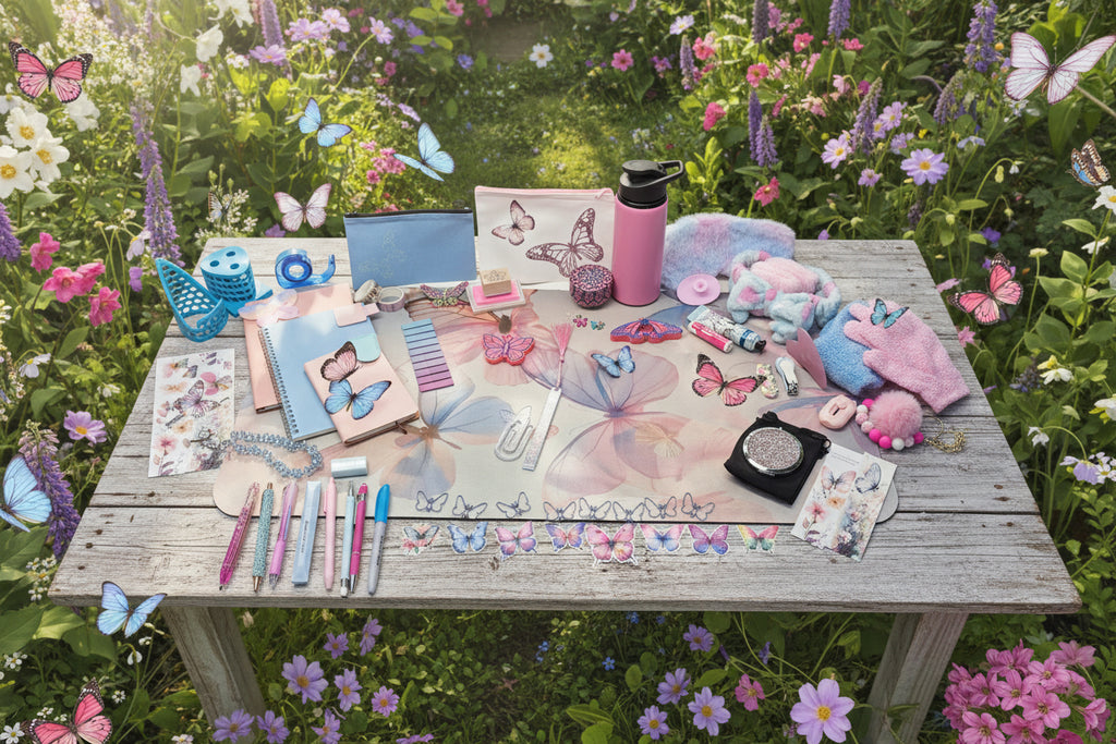 A collection of pastel-colored stationery and accessories arranged on a white desk, featuring butterfly-themed items including a large butterfly print pad, matching sticker strips, a pink water bottle, a blue pencil case, and various pens and notebooks.