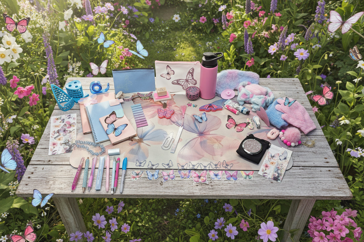 A collection of pastel-colored stationery and accessories arranged on a white desk, featuring butterfly-themed items including a large butterfly print pad, matching sticker strips, a pink water bottle, a blue pencil case, and various pens and notebooks.