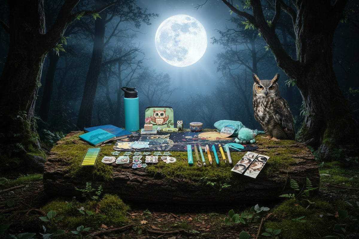 A styled flat-lay collection of desk accessories and stationery featuring an owl theme, arranged on a white tabletop. The set includes an owl-print desk mat, two notebooks, a teal water bottle, a green pouch, stickers, highlighters, pens, and a small plush accessory.