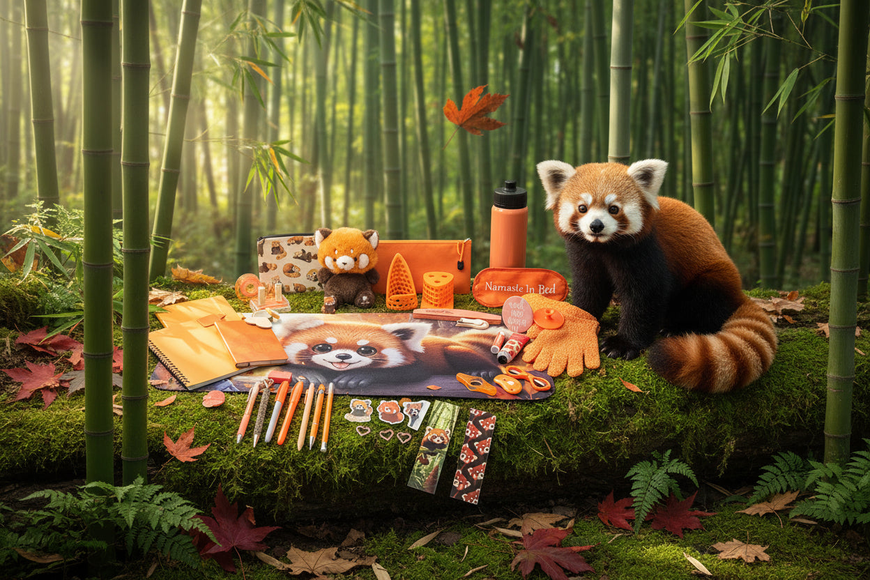 A styled flat-lay collection of red panda themed stationery and accessories, including a large red panda mousepad, orange and pink pens, notebooks, a plush toy, a thermos, gloves, and small accessories, arranged on a white surface.
