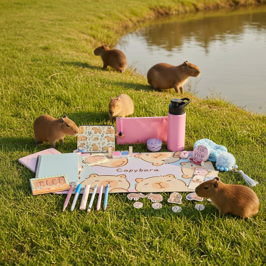 A collection of cute capybara-themed stationery and desk accessories arranged on a white desk against a white wall. The set includes a large capybara print desk mat, a spiral notebook, pens, sticky notes, stickers, a pink water bottle, and other matching accessories.