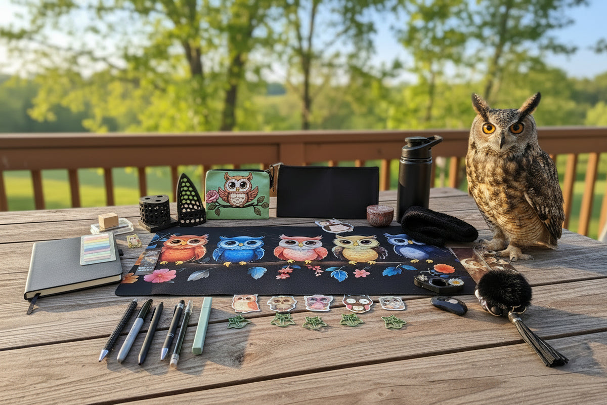 A flat-lay display of various owl-themed stationery and accessories arranged on a white desk, including a large black mouse pad with colorful owl illustrations, notebooks, pens, stickers, a black pouch, and other desk accessories.