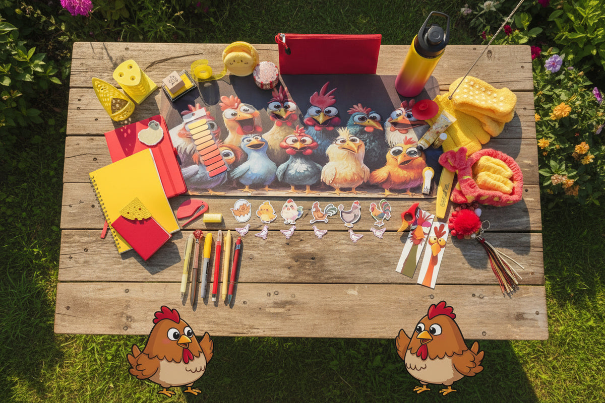 A tabletop flat-lay featuring a large rectangular mousepad or mat printed with cartoon chickens, surrounded by various colorful school or desk accessories including pens, sticky notes, a red pouch, a yellow and pink water bottle, and small decorative items.