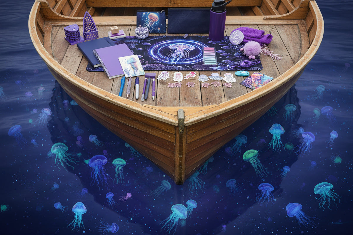 A collection of purple and blue jellyfish-themed stationery and accessories arranged on a white desk, including a large jellyfish print pad, notebooks, pens, stickers, a water bottle, and small decorative items.