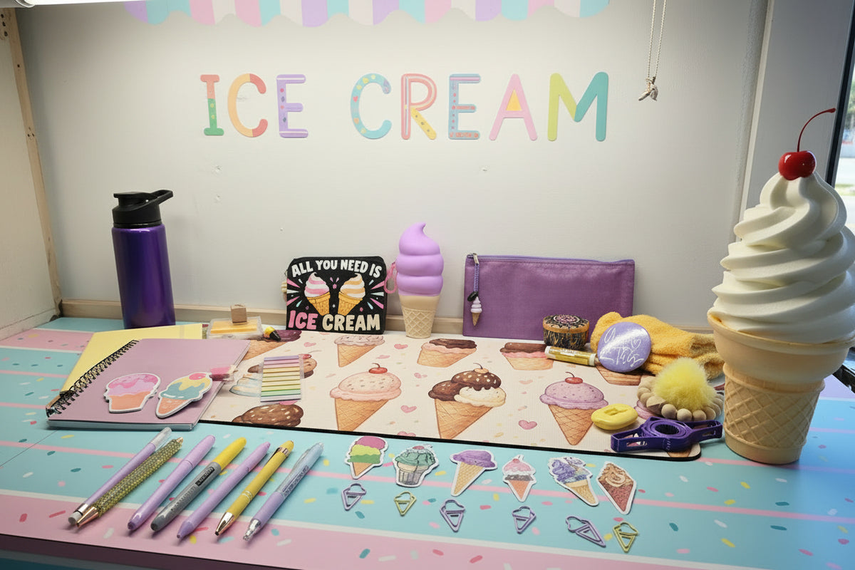 A collection of pastel purple and yellow ice cream-themed stationery and accessories arranged on a white desk against a beige wall. The set includes a purple notebook with ice cream illustrations, a purple pencil case, a purple water bottle, a decorative sign reading 'ALL YOU NEED IS ICE CREAM', a long printed mat or banner with colorful ice cream cone illustrations, several pens, small accessory pieces, and a yellow plush item.