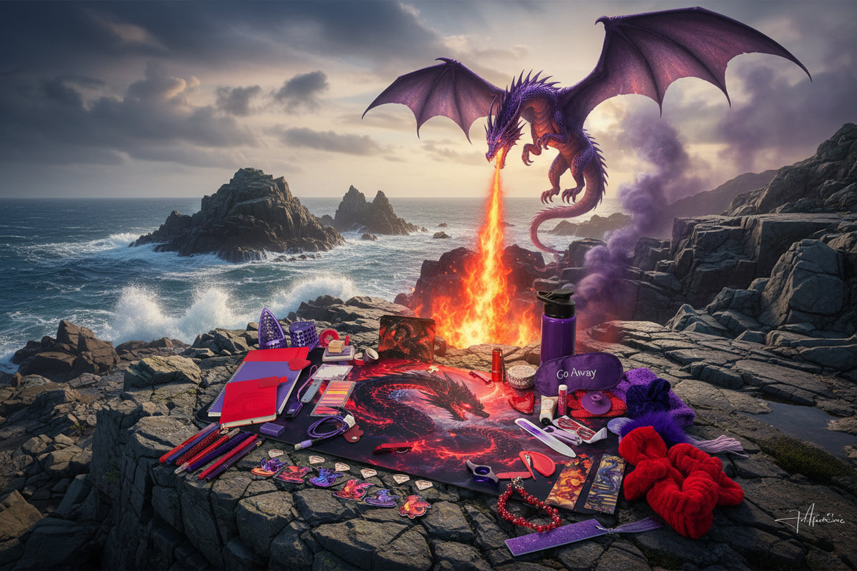 A large desk setup featuring a central dragon-themed desk mat with red and black artwork, surrounded by various purple, red, and black accessories including notebooks, pens, a water bottle, and small decorative items.