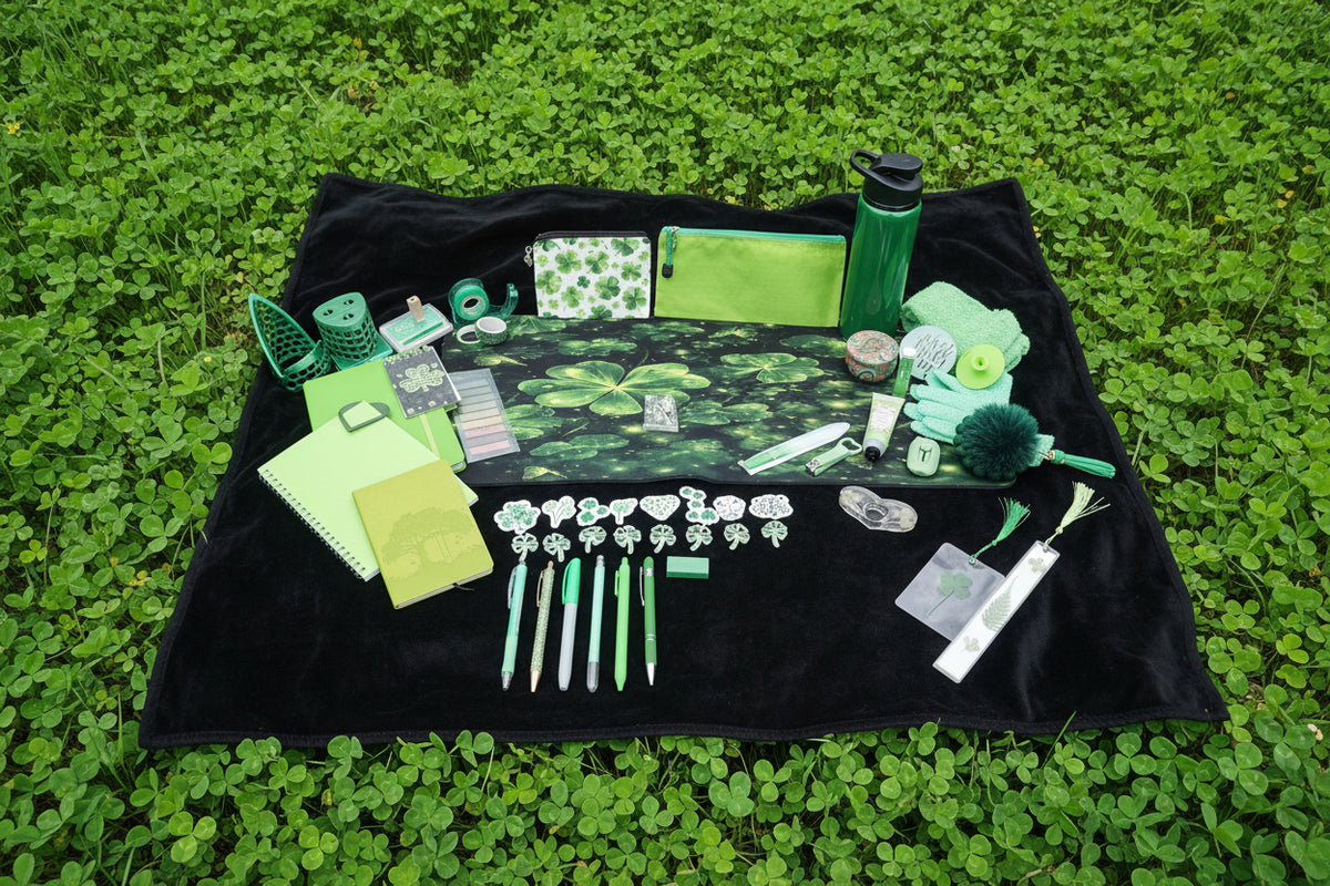 A St. Patrick's Day themed desk organizer set arranged on a white tabletop against a white wall.