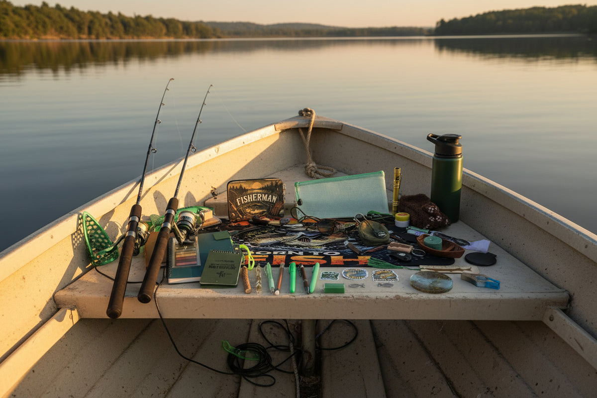 A collection of fishing-themed items arranged on a white table, including a large 'Born to Fish' graphic towel, pens, stickers, a notebook, a green water bottle, and other outdoor and fishing accessories.