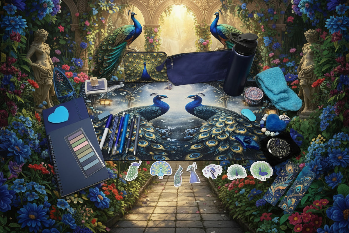 A collection of peacock-themed accessories and stationery items arranged on a light-colored floor against a plain wall, including a notebook, pens, stickers, a water bottle, a pouch, and other small items.