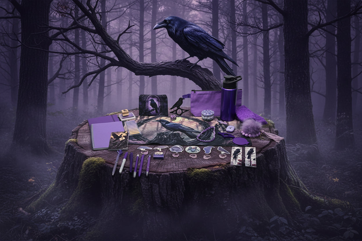 A coordinated purple and black raven-themed stationery and accessory set arranged on a white tabletop, including a large printed mouse pad or desk mat with a raven illustration, notebooks, pens, stickers, keychains, a water bottle, and small accessories.