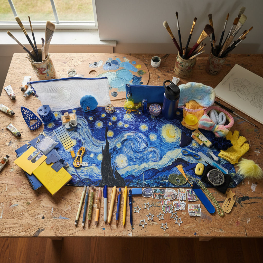 A large collection of colorful school supplies, stationery, and small accessories arranged on a white desk under a bright LED light bar. The centerpiece is a large Van Gogh-inspired starry night print, surrounded by pens, stickers, a blue water bottle, mesh bags, and plush toys.