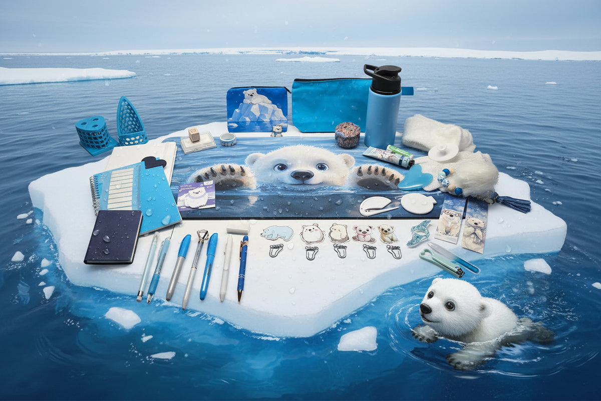 A collection of stationery and accessories themed around polar bears, displayed on a white surface against a white wall. The set includes a large polar bear print mousepad, blue and white notebooks, pens, a blue water bottle, a zippered pouch, a small plush toy, stickers, and small accessories.