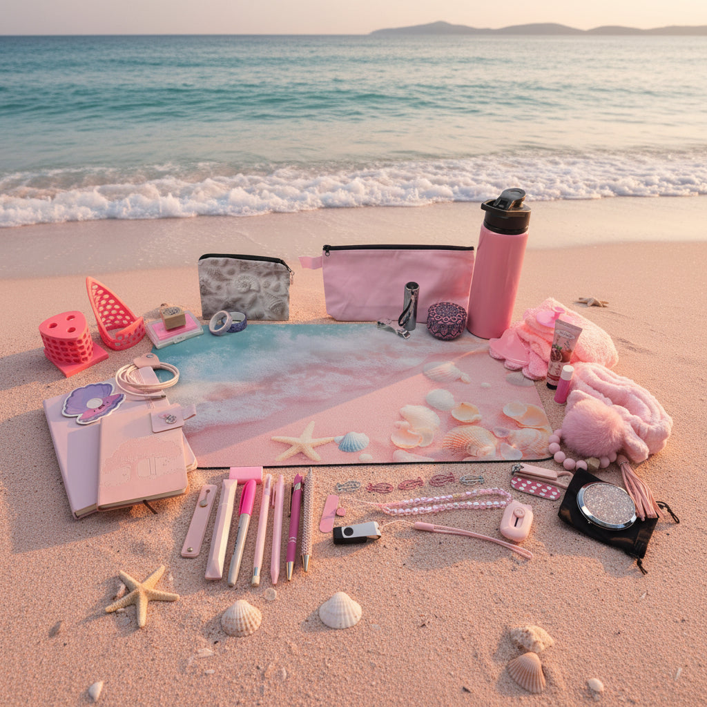 A pink-themed stationery and beauty accessory set arranged on a light gray tabletop against a white wall. The set includes a large pastel beach-print desk mat, pink pouches, a pink water bottle, a pink plush item, pens, nail tools, lip gloss, and other small accessories.