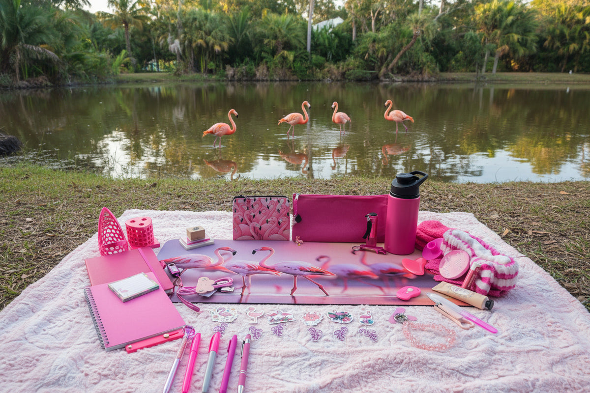 A collection of pink stationery and accessories arranged on a light gray desk, including a notebook, pens, stickers, a pink water bottle, a pouch, and a decorative mat featuring a flamingo print.