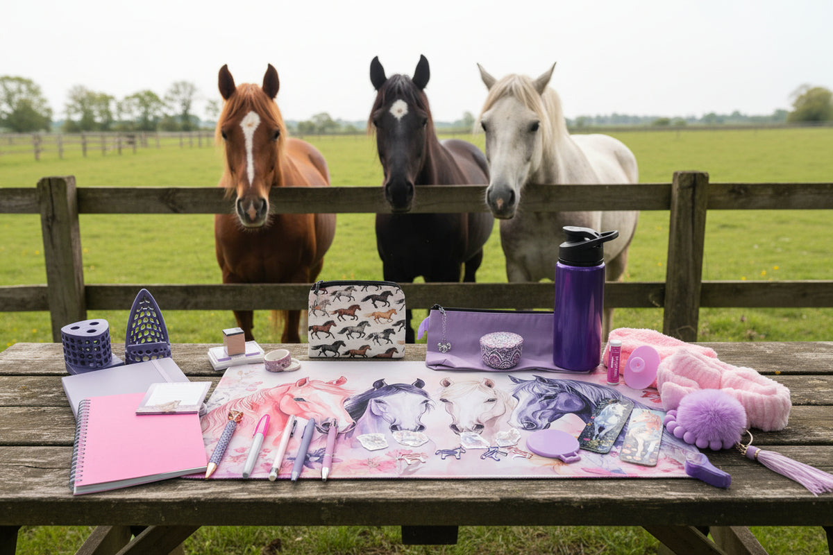 A styled flat-lay of various purple and pink stationery and accessories arranged on a white desk against a white wall. The central item is a long printed mat or banner featuring four horses, surrounded by pens, notebooks, a water bottle, a pouch, and other matching purple and pink items.