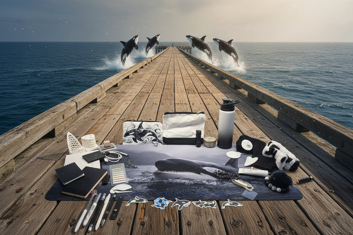 A desk setup featuring a large shark-themed desk mat with an orca print, surrounded by various accessories including pens, notebooks, a water bottle, and plush toys.