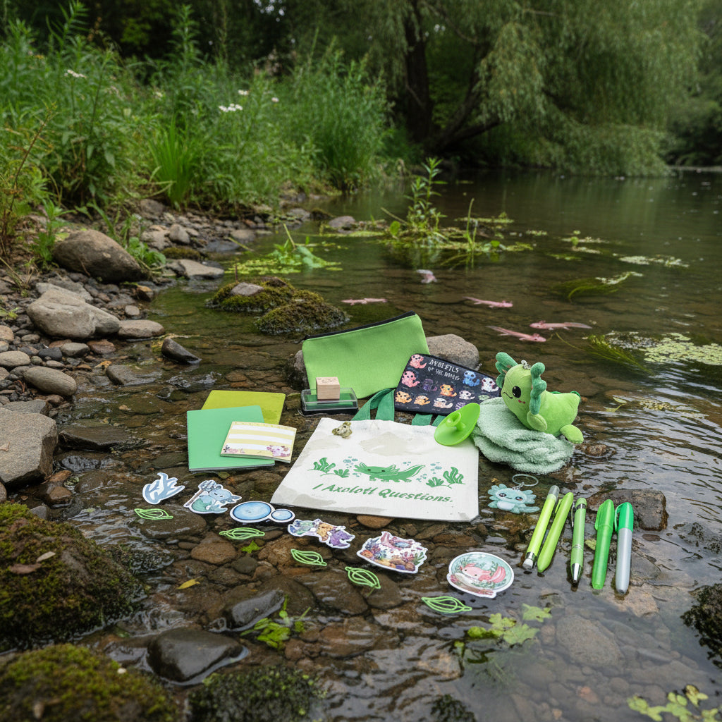 A collection of educational and themed school supplies arranged on a light gray tabletop, featuring a green plush sea creature, a canvas bag with 'I Axlotl Questions.' printed on it, green folders, stickers, pens, and other marine-themed items.